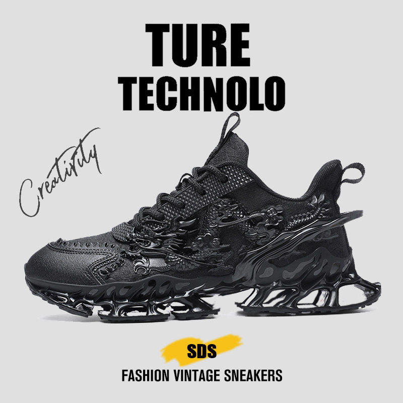 46大尺码国潮男鞋春季黑色皮面休闲运动鞋青少年刀锋缓震厚底跑步