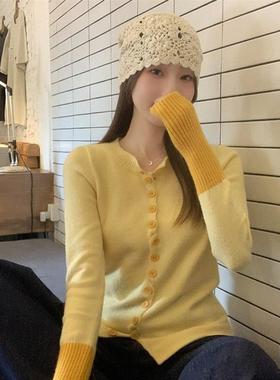 鹅黄色别致拼接针织开衫女秋冬新款修身显瘦甜辣绝美长袖外套上衣