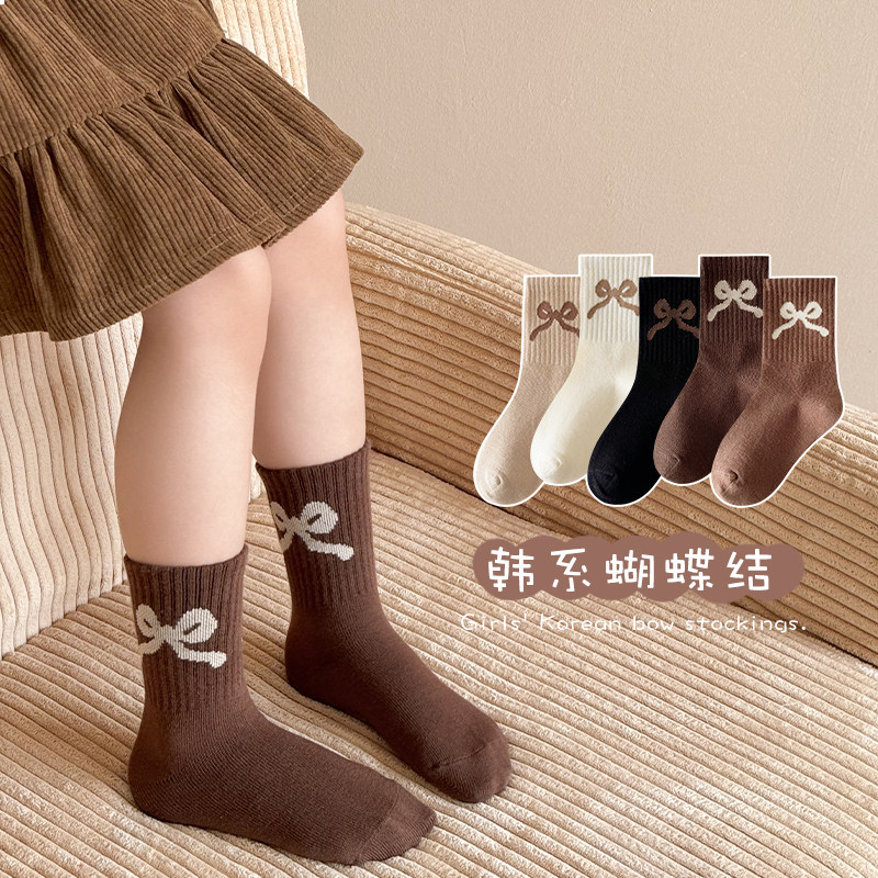 女童袜子春秋款纯棉咖色蝴蝶结儿童中筒女宝宝防臭吸汗短袜秋冬季