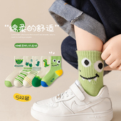 男童袜子春秋款 防臭吸汗秋天中筒短袜 纯棉绿色恐龙儿童袜子秋冬季