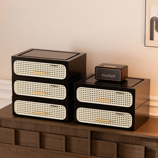 桌面收纳盒抽屉式中古复古藤编风桌面玄关入户化妆品收纳摆件文具