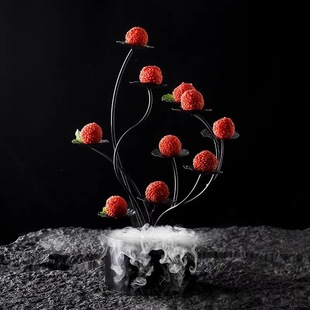 创意中式干冰花架树酒店会所酒吧摆盘好看的荔枝虾球甜品组合餐具