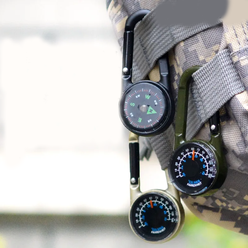 户外多功能金属指南针防水登山扣指北针温度计双面背包钥匙扣快挂