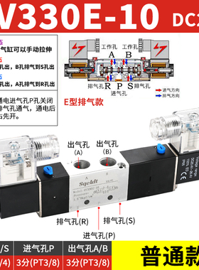 2023气缸控制阀4V330C-10三位五通24V双头电磁阀330E换向阀330P气