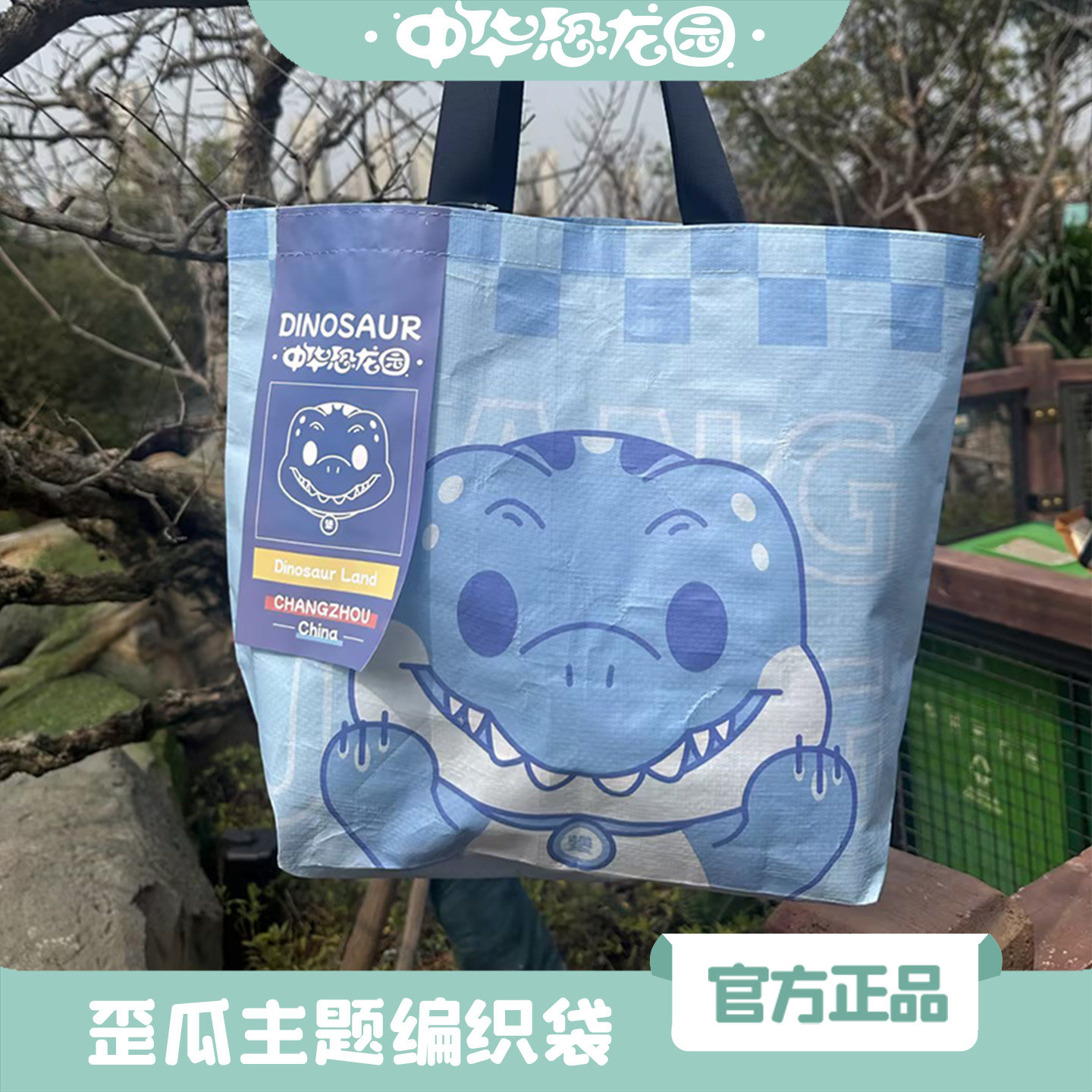 中华恐龙园歪瓜恐龙主题编织袋日韩风格印花青年浅蓝色休闲潮流包