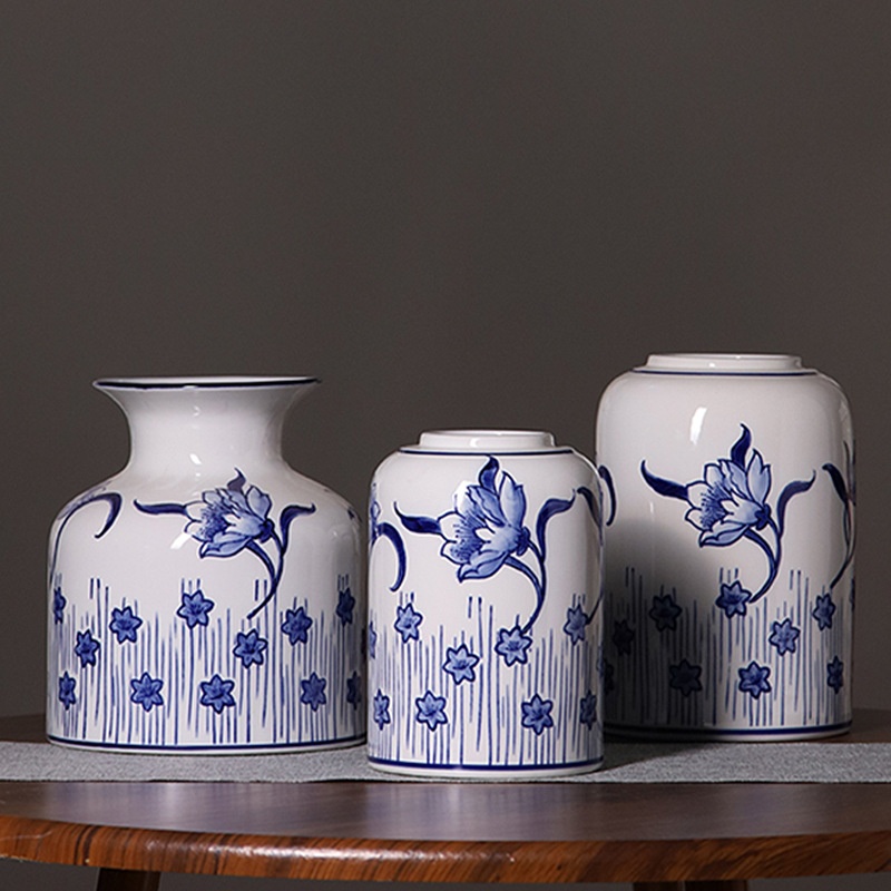 新中式青花瓷花瓶绿植干花插花大口径陶瓷花器客厅玄关装饰品摆件