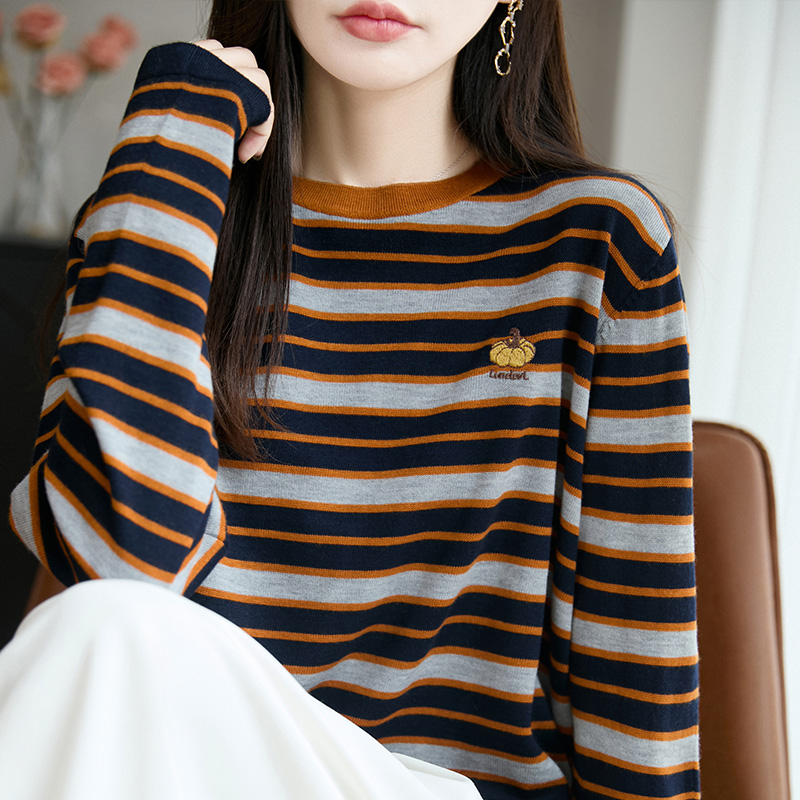 韩系漂亮小上衣早秋2025新款撞色高级感条纹针织衫长女袖洋气减龄