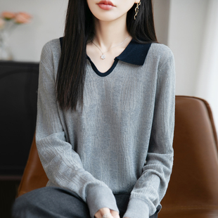 女薄款 内搭秋冬翻领上衣打底衫 女长袖 欧根纱复古提花POLO领针织衫