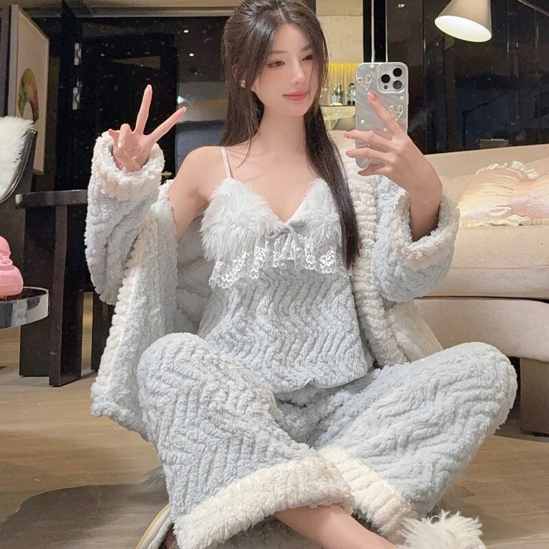 小香风三件套秋冬可爱法兰绒睡衣女套装慵懒新款可外穿家居服