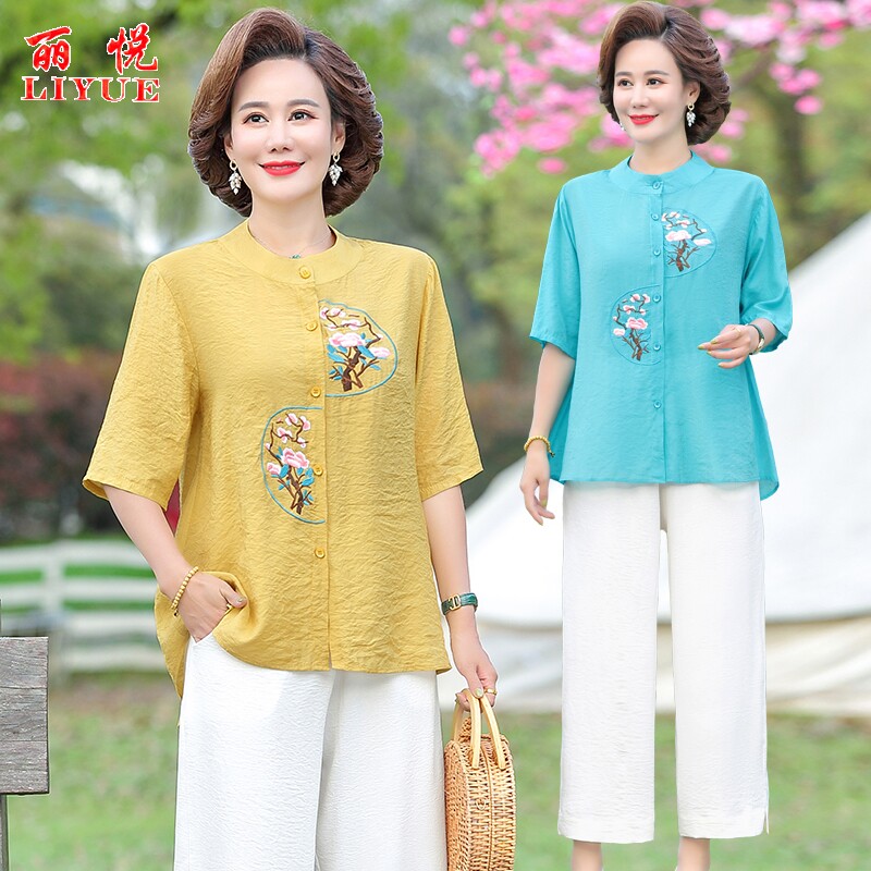 妈妈夏装套装40岁50中年妇女大码衬衫中老年女气质棉麻上衣两件套