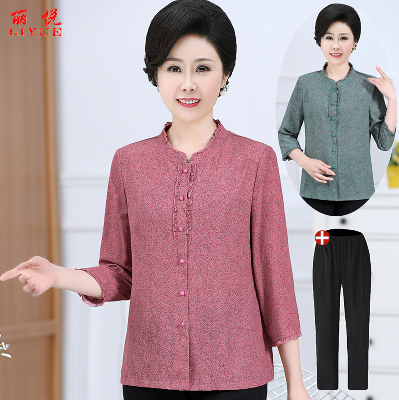 中老年人女装衬衫春夏季中袖上衣50岁妈妈薄衣服太太洋气衬衣套装