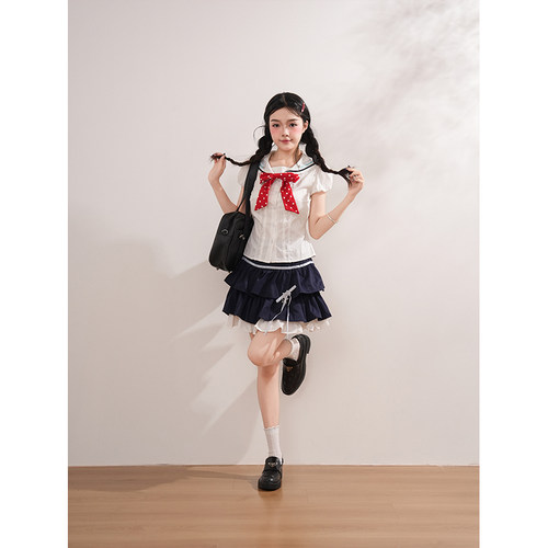 【沧蓝航屿】vintage复古日系JK制服海军领蝴蝶结上衣+短裙两件套