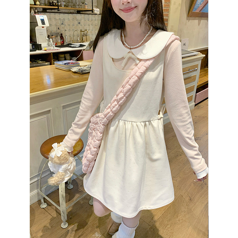 日系小个子甜美粉色娃娃领上衣+蝴蝶结波点背带连衣裙两件套秋季
