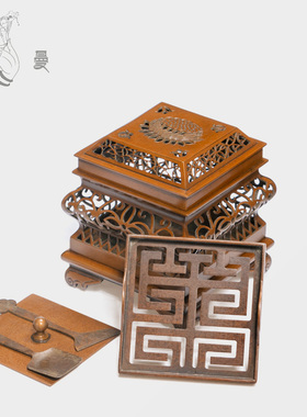 庆松堂铜炉苏工名家胡庆松制四方镂空香薰印香炉打香篆紫铜熏香炉