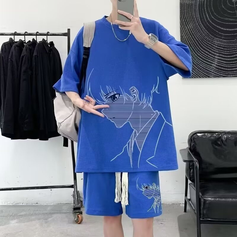 潮流华夫格套装男士夏季男装一套搭配帅气休闲新款潮牌休闲运动服