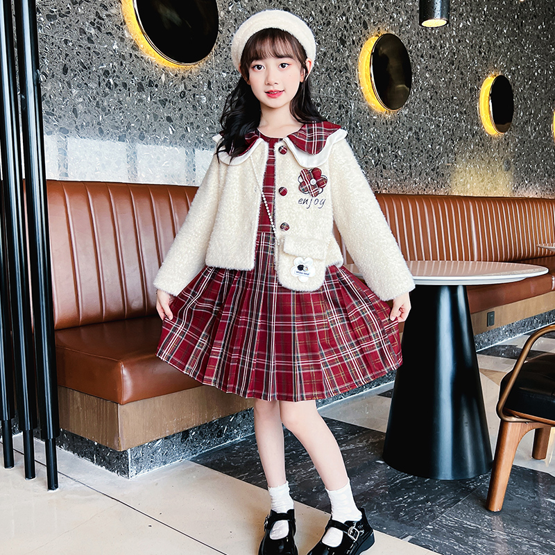 女童2024冬装新款儿童洋气女孩套装加绒加厚裙子大童秋冬款连衣裙