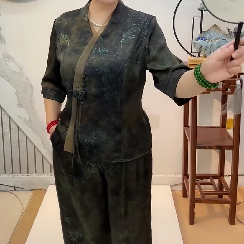 夏季新款女装新中式富贵竹斜襟上衣加裤子两件套时尚气质高档套装