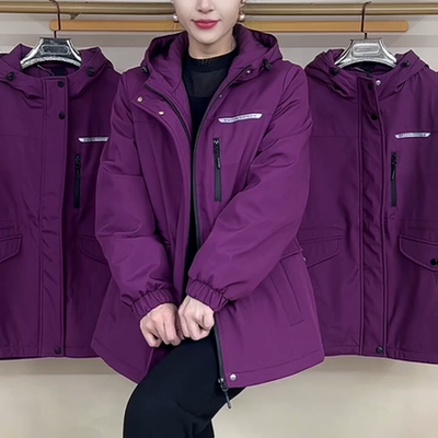 纯色收腰拉链加棉冲锋衣外套女修身显瘦棉服时尚休闲中老年女装