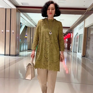新款镂空蕾丝立领中长款小衫宽松遮肚打底衫女时尚简约百搭女装