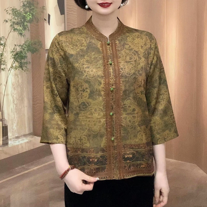 民族风刺绣印花圆领开衫上衣夏季宽松遮肉衬衫时尚复古中老年女装