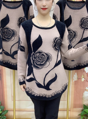 2025年水貂绒针织刺绣毛衫C324款五朵花中老年妈妈装减龄舒适柔软
