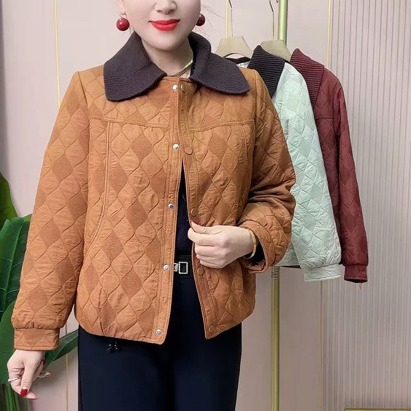 休闲通勤菱形格拼接翻领轻薄棉服春秋款保暖外套女新款中老年女装