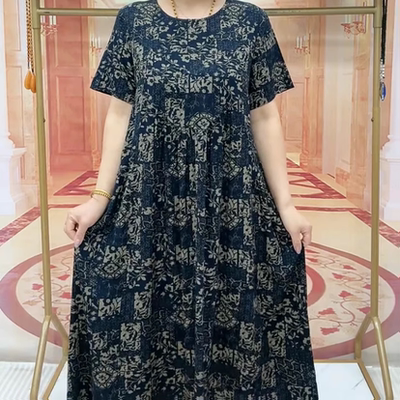 夏季中国风印花双兜大版连衣裙女宽松遮肉裙子休闲百搭中老年女装