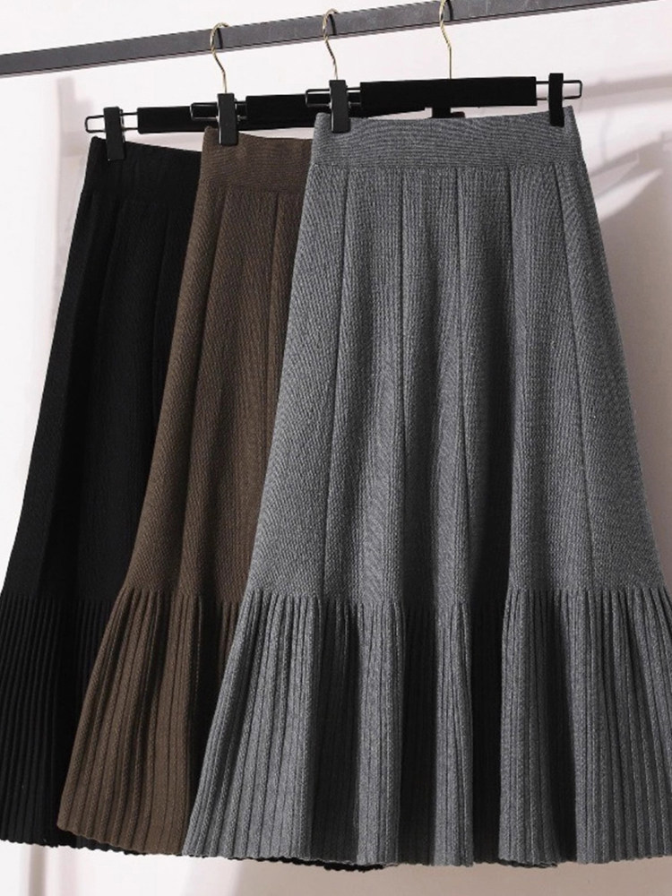 百褶半身裙女春秋2025新款时尚气质高腰a字显瘦中长款针织鱼尾裙