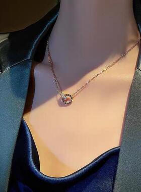 DUKATO轻奢小众双环时尚锁骨项链嘻哈女式新品玫瑰金钛钢吊坠饰品