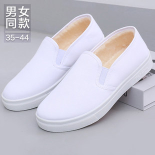 小白鞋男款秋冬软底轻便防滑老北京白色布鞋一脚蹬加绒工作棉鞋女