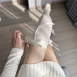 花边白丝过膝袜女蝴蝶结蕾丝袜子罗莉塔lolita芭蕾风奶白jk大腿袜
