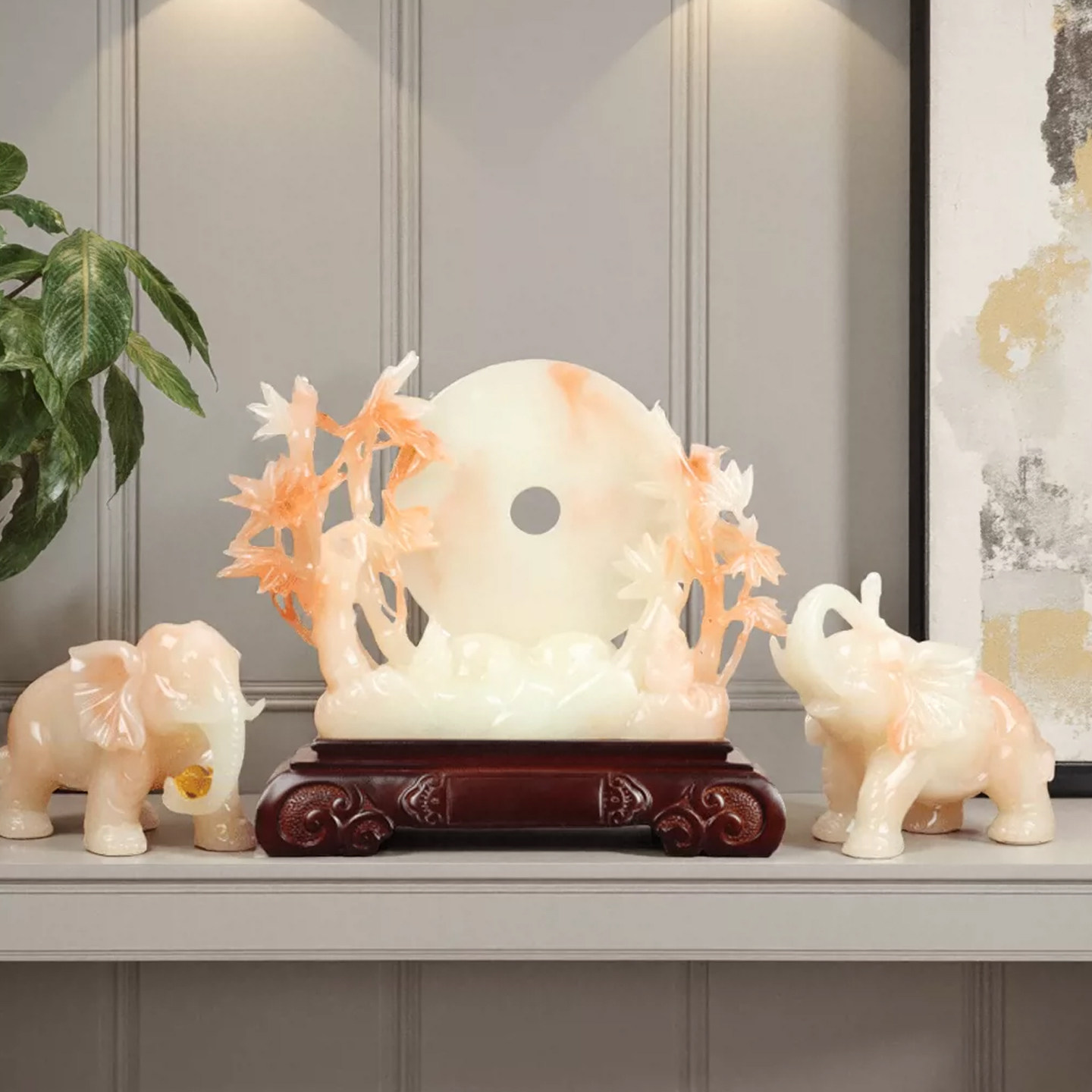 三件套竹报平安扣一对大象摆件客厅办公室玄关装饰品高档轻奢礼品