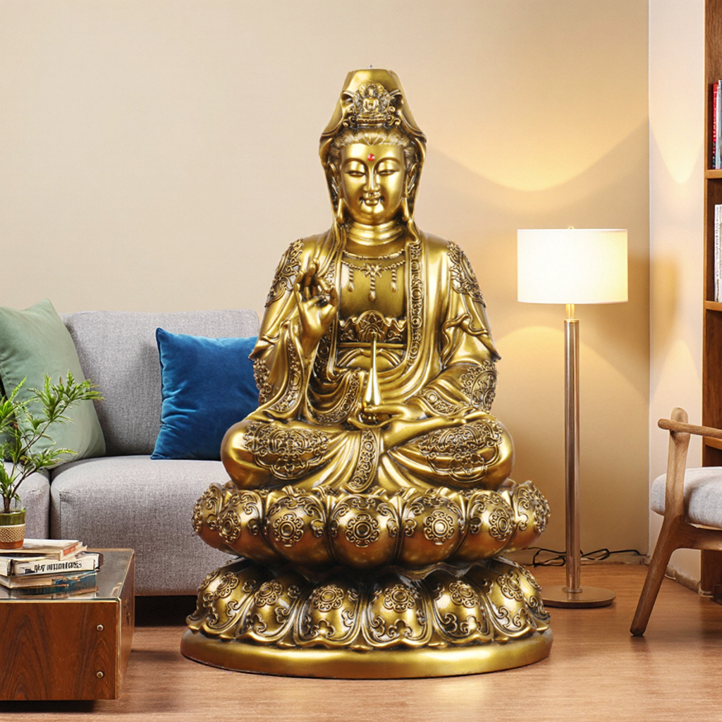 南海观音菩萨佛像摆件大号幸福观世音平安佛仿铜像法轮送子