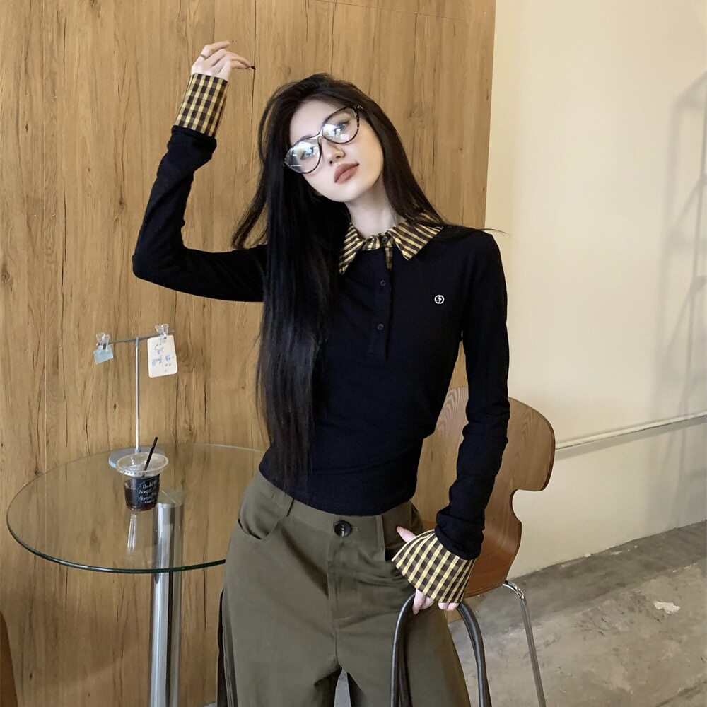 设计感小众假两件格子拼接翻领长袖衬衫女春秋小个子修身内搭上衣