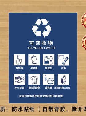 可回收物垃圾分类贴纸标识牌不可回收厨余干湿有害标志LJ001