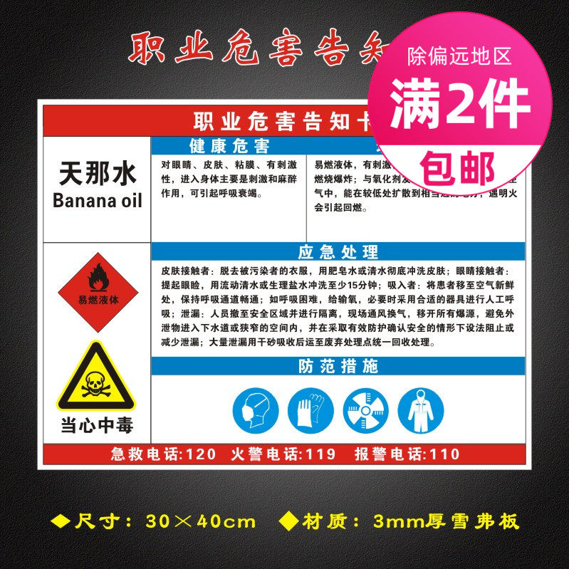天那水职业危害告知卡全套工厂周知卡安全警示标识牌gzk084