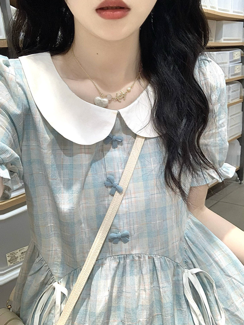 高中生连衣裙夏装2025新款初中学生娃娃领格子长裙少女蝴蝶结裙子