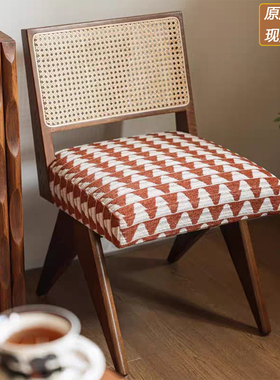 柿子家居精灵餐椅红色单椅藤编布艺实木客厅餐厅法式田园中古风