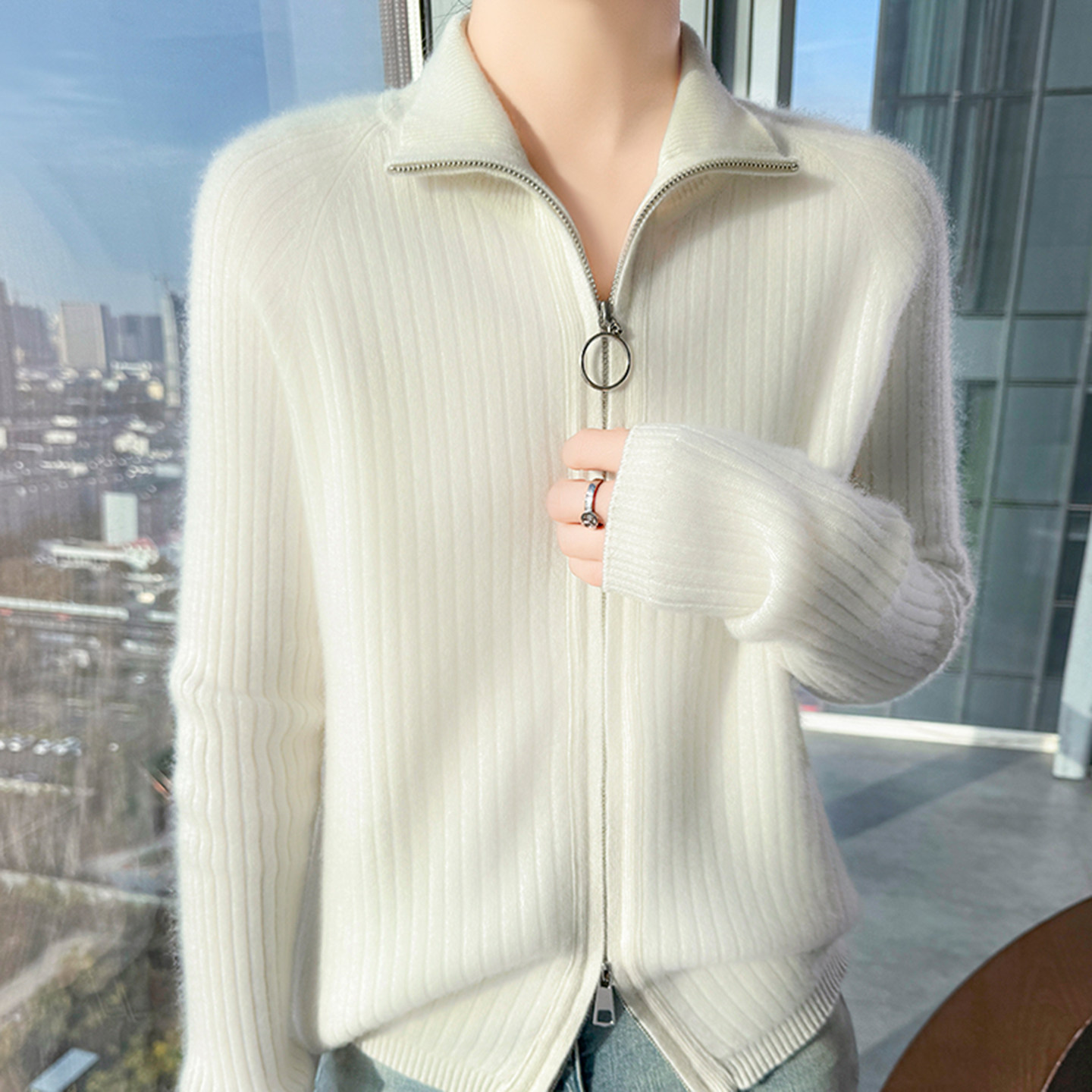 针织开衫100纯羊毛抽条双拉链长袖翻领保暖百搭修身气质外套女