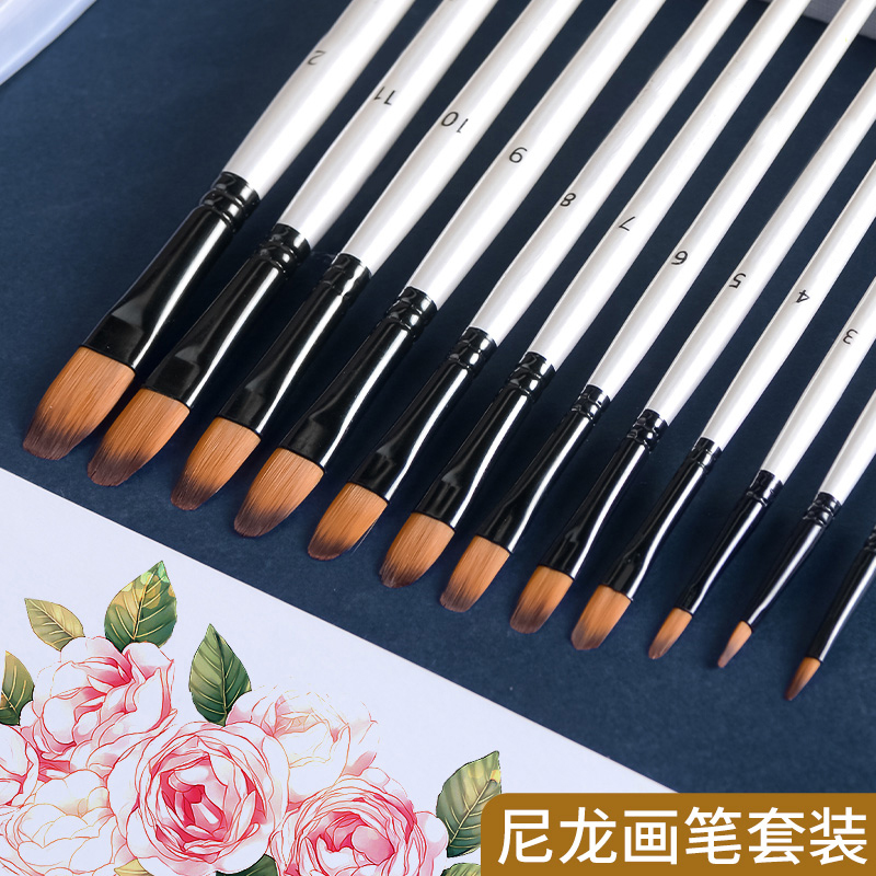 尼龙画笔油画笔套装水粉笔丙烯画笔刷子丙烯颜料笔人体彩绘笔鸭舌笔勾线笔扁头绘画水彩平头排笔美术生专用