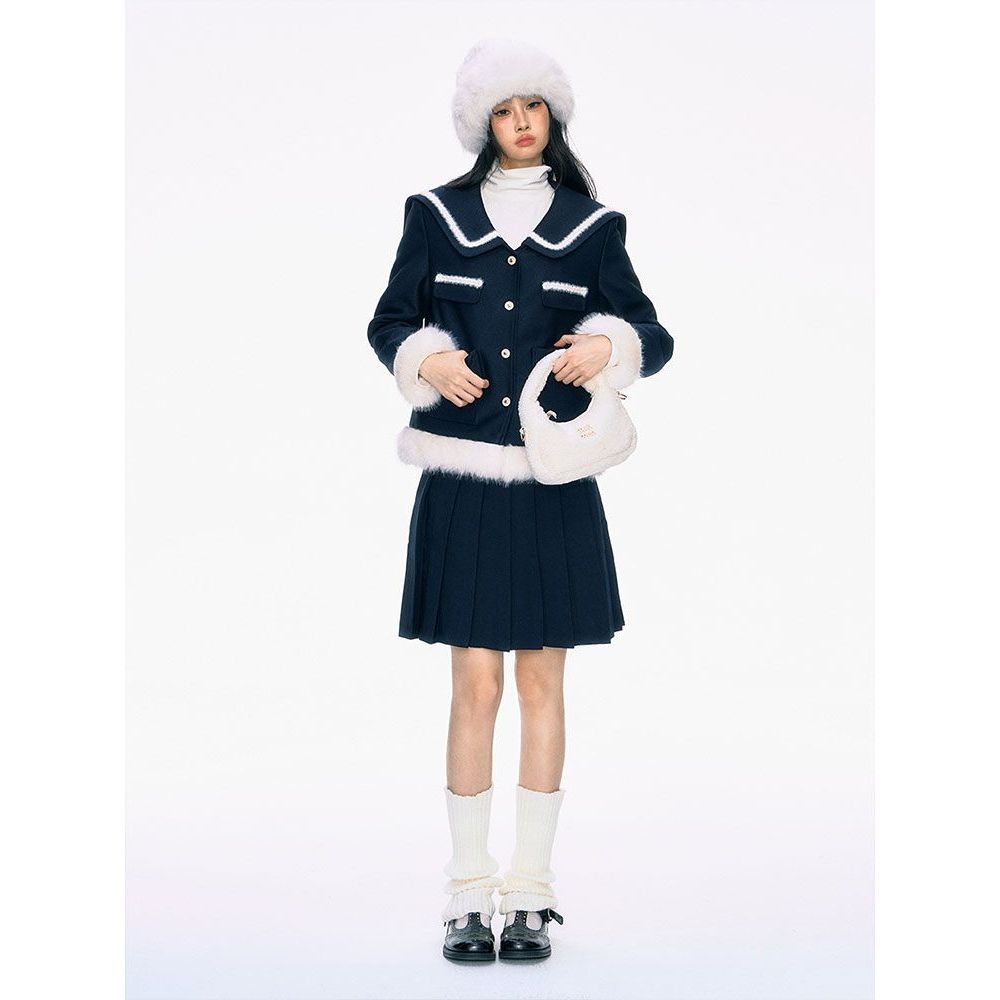 秋冬2025新品千金财阀加厚藏青小香风夹棉外套女韩版毛呢套装裙