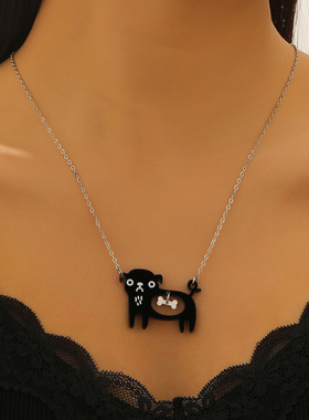 外贸热销创意可爱黑色猫鱼狗骨头吊坠项链创意卡通锁骨链跨境