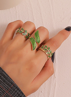 欧美ins简约树叶戒指女 森系超仙滴油绿叶几何开口食指戒个性戒子