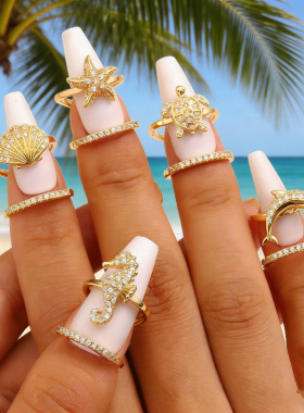 欧美跨境海洋风铜镶锆石指甲戒指