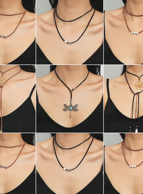 欧美简约黑色手工编织双层项链复