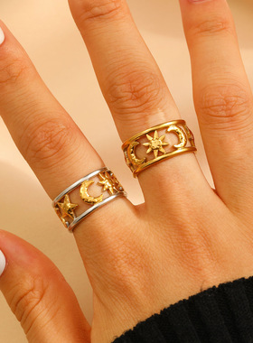 欧美ins风开口镶钻镂空不锈钢戒