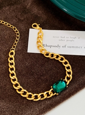 欧美ins简约绿色方形锆石手链时