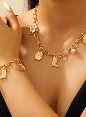 欧美跨境民族风牛仔帽靴子吊坠项