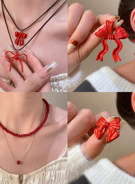 秋冬安可拉红吊坠项链女红色串珠