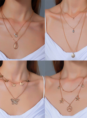 跨境新款双层贝壳项链复古简约